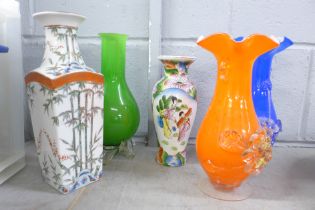 A Cloisonne vase, three glass vases, three other vases and a silver rimmed scent bottle **PLEASE