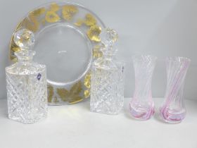 Two Edinburgh Crystal glass decanters, boxed, a pair of Caithness glass vases, boxed, and an Italian