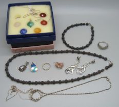 Two pairs of silver earrings, two silver chains, a silver ring, white metal jewellery including a