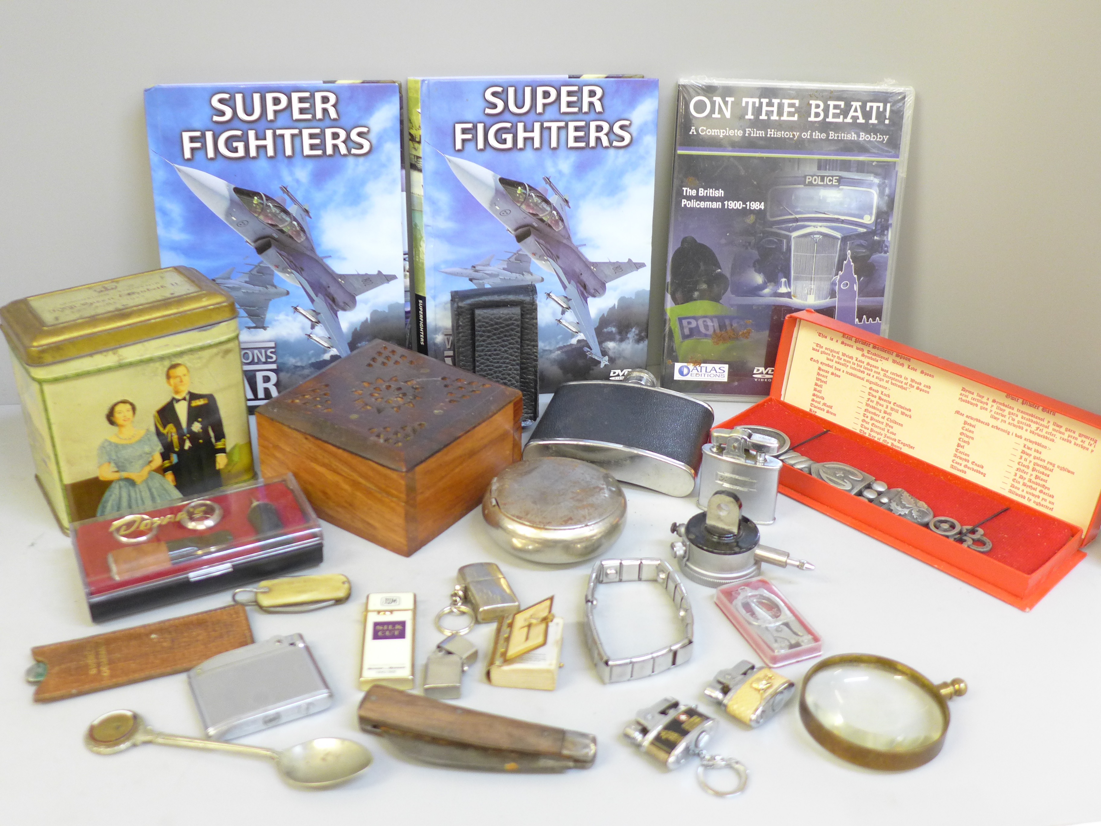 A collection of lighters including Ronson, penknives, a snuff box, cigar set, spoons, wooden box,