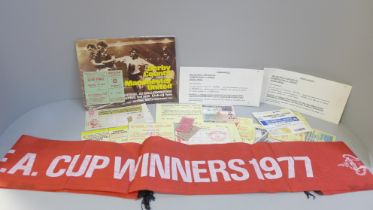 A selection of Manchester United match tickets, including Cup Finals and a 1977 Cup Final scarf