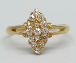A Victorian 18ct gold and diamond marquise shaped ring, Birmingham 1897, 2.9g, S