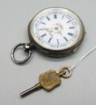 A .935 silver cased fob watch with enamel dial marked Kay & Company, with key