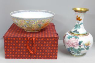 A Chinese eggshell porcelain bowl, boxed and a cloisonne vase, vase 25cm **PLEASE NOTE THIS LOT IS
