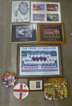 Football memorabilia, two England team collectors plates, Nottingham Forest 1979 team photograph,