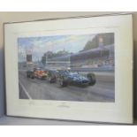 A framed motor racing print, Close Finish by Alan Fearnley to commemorate Jackie Stewart winning the