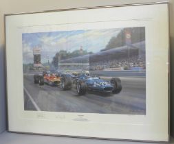 A framed motor racing print, Close Finish by Alan Fearnley to commemorate Jackie Stewart winning the