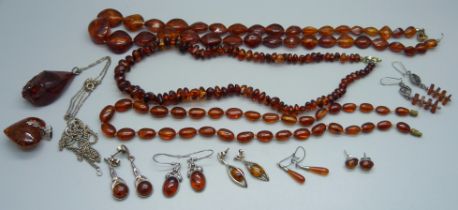 Amber and amber style jewellery including three bead necklaces, one clasp a/f, 68g, two pendants,
