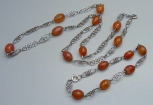 A silver and carnelian neck chain and bracelet, total weight 43g, bracelet 23cm, necklace