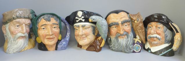 Five large Royal Doulton character jugs, Robinson Crusoe, Long John Silver, Merlin, The Fortune