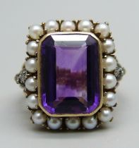An antique French amethyst, pearl and diamond ring, control marks to outer shank, tests at 18ct