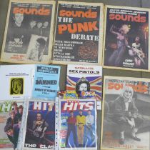 Punk rock collection; The Damned, fliers, magazines, books, Sounds magazine with punk covers, etc.