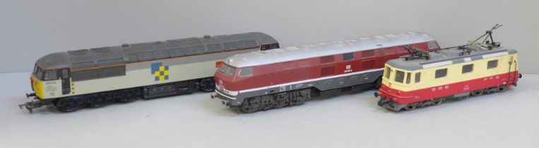 Three OO gauge diesel model locomotives, Mainline, Jouef and Rivarossi