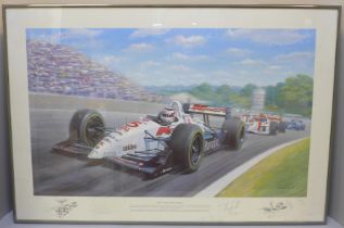 A framed motor racing print, Red 5, Double World Champion, Nigel Mansell wins at the Nazareth