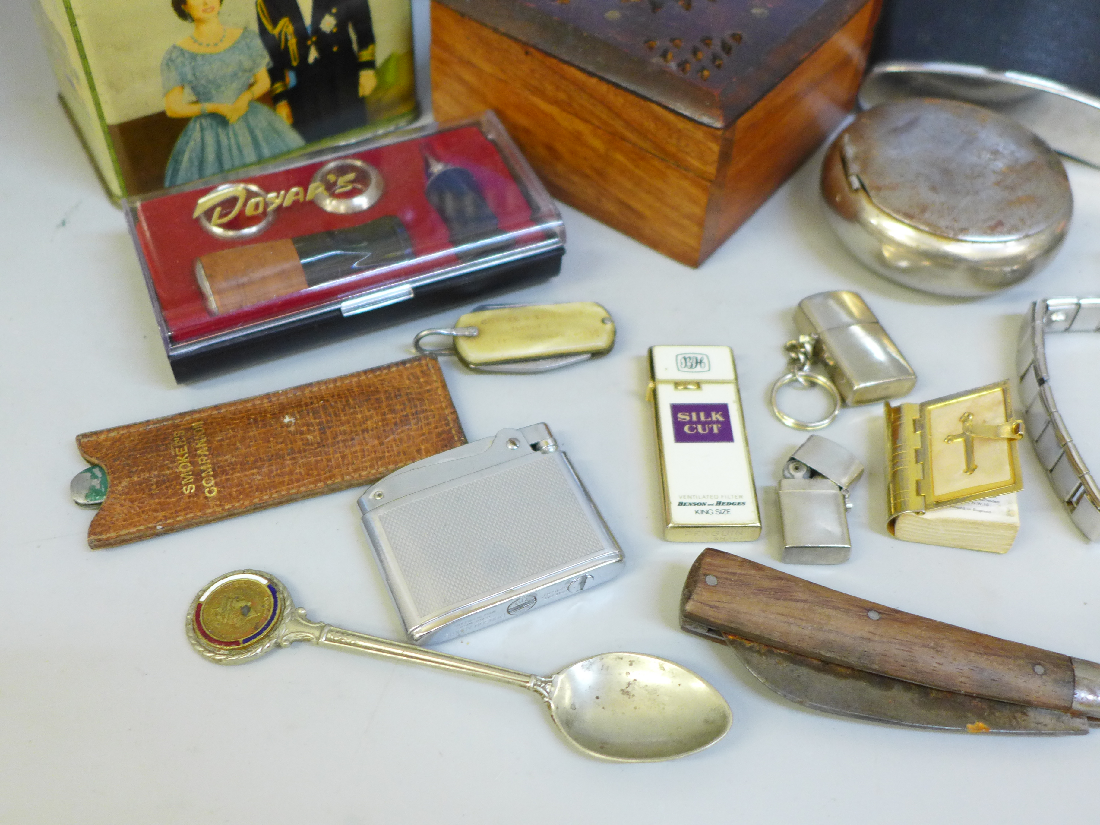 A collection of lighters including Ronson, penknives, a snuff box, cigar set, spoons, wooden box, - Image 2 of 4
