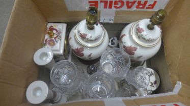 A box of mixed glass including six champagne coups, vase, a pair of tea lights, Mason's Mandalay Red