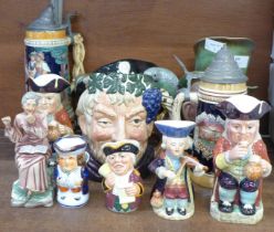 Two large Royal Doulton character jugs, Long John Silver and Bacchus, Beswick Micawber, Beswick Toby