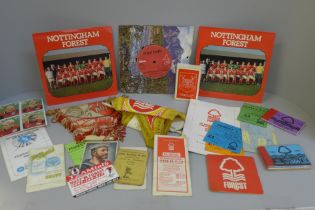 Nottingham Forest memorabilia, 7" single, beer mat, pennant, autographs, etc.