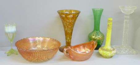A collection of glass including Bohemian and a yellow vase, small chip to rim of vaseline glass
