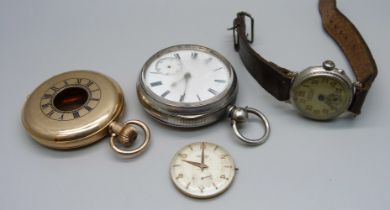 A silver pocket watch, a Roamer wristwatch movement, a gold plated watch case, and one other