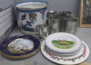 A large Losol ware Art Nouveau jardiniere, four boxed plates and a collection of pewter mugs **