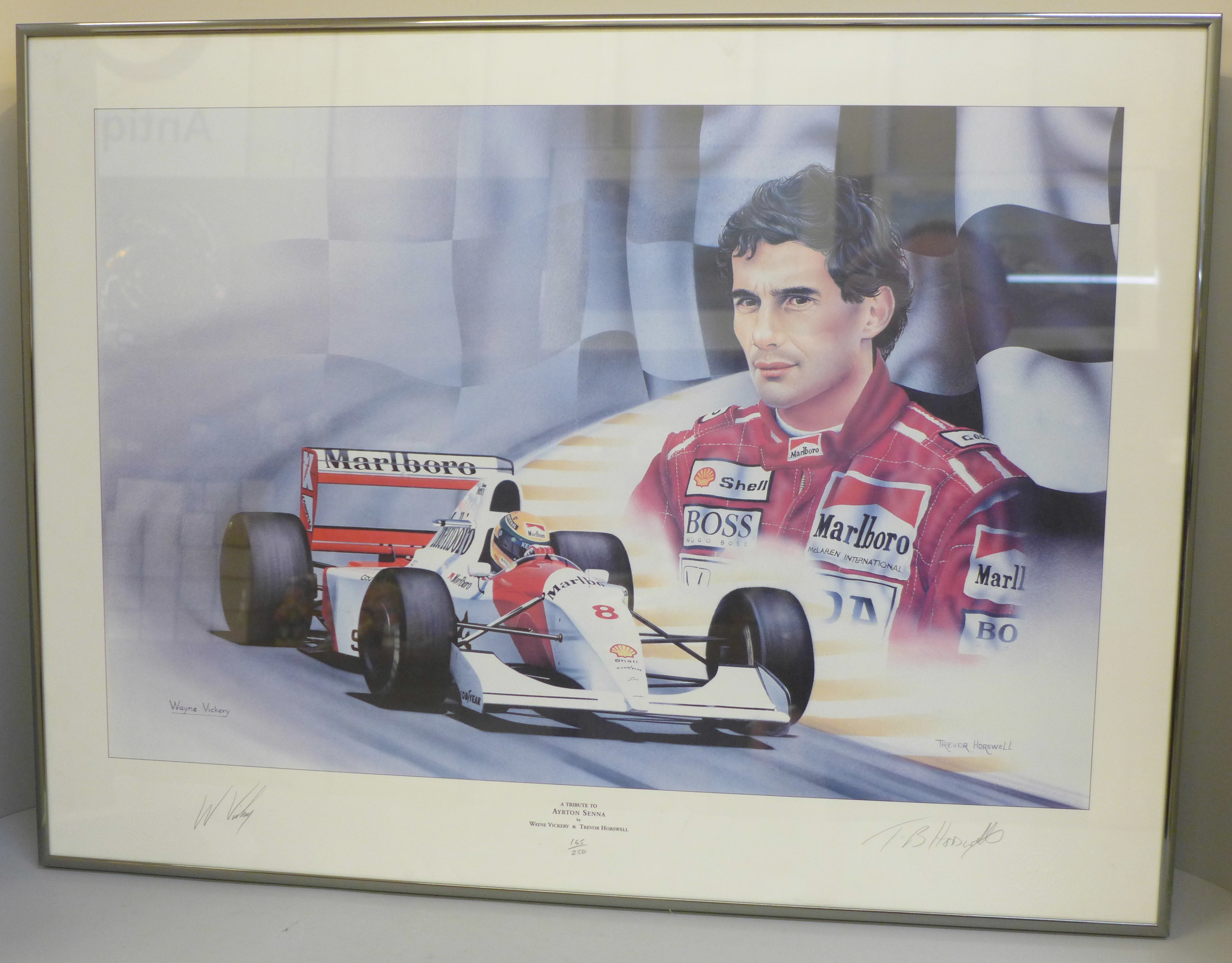 A framed motor racing print, A Tribute to Ayrton Senna by Wayne Vickery and Trevor Horswell,