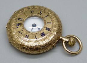 An 18ct gold half-hunter fob watch, lacking some enamel to the numerals, 33g total weight