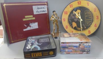 Elvis Presley memorabilia, two scarves, a scrap album, DVDs, a figure, a clock, a belt buckle, etc.