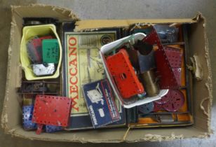 A box of Meccano and steam engine parts **PLEASE NOTE THIS LOT IS NOT ELIGIBLE FOR POSTING AND