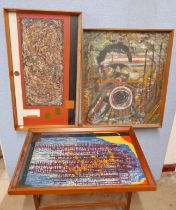 Three assorted abstracts, mixed media, framed