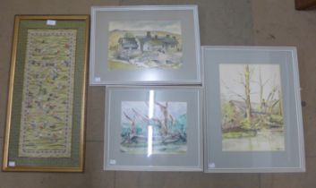 A Chinese silk embroidery and three watercolours