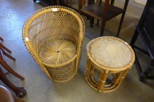 A child's wicker chair and a bamboo nest of tables
