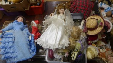 Four boxes of vintage and later dolls, porcelain etc.