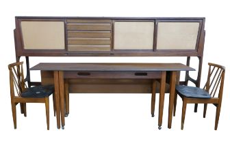 An Elliotts of Newbury teak dining set, comprising; highboard, drop-leaf dining table and two chairs