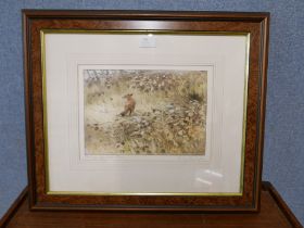 A signed limited edition Peter Partington (b.1941) etching, Fox On The Trail, framed