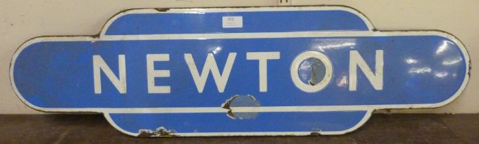 A blue enamelled metal Newton totem railway sign