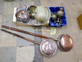 Metalware; two warming pans, a large kettle, a/f, a pair of brass candlesticks, trivet, etc.