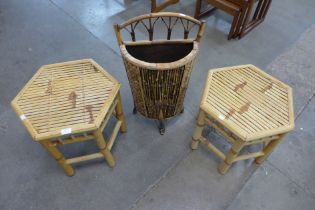 An Italian bamboo and wicker stickstand and two occasional tables