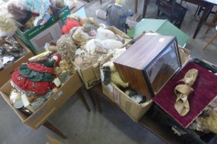 Five boxes of vintage and later dolls, porcelain etc.