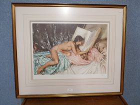 A limited edition Sir William Russell Flint print, Janelle and the Volume of Treasures, framed