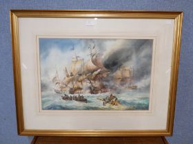 English School, Napoleonic Naval battle scene, watercolour, indistinctly signed, framed