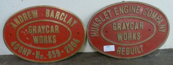 Two metal railway Graycar Works plaques, Hunslet Engine Company and Andrew Barclay