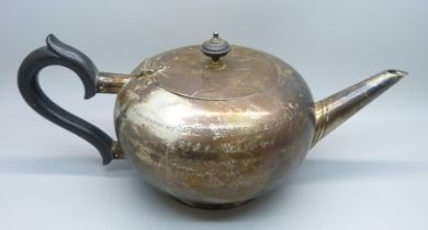 A silver tea pot with inscription, 522g