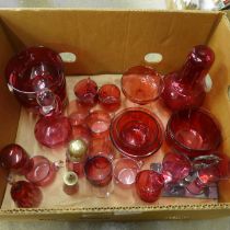 A box of mixed cranberry glass (28) **PLEASE NOTE THIS LOT IS NOT ELIGIBLE FOR POSTING AND PACKING**