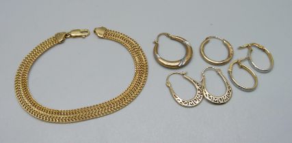 A 9ct gold bracelet, a pair of 9ct gold earrings, a single 9ct gold earring and three yellow metal