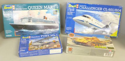 Three Revell and one Airfix model kits; Queen Mary 2, Challenger CL601/602 and two others