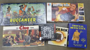 Six board games including vintage Buccaneer by Waddington and Clue by Parker