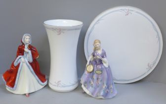 Two Royal Doulton figures; Rachel and Nicola and two Royal Doulton Carnation pieces; a gateau