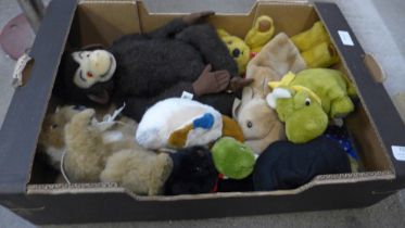 Eight Merrythought labelled Teddy bears, animals and puppets