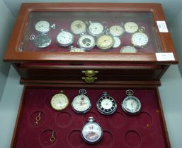 A three-drawer cabinet containing thirty 'dollar' and other pocket watches, including Disney